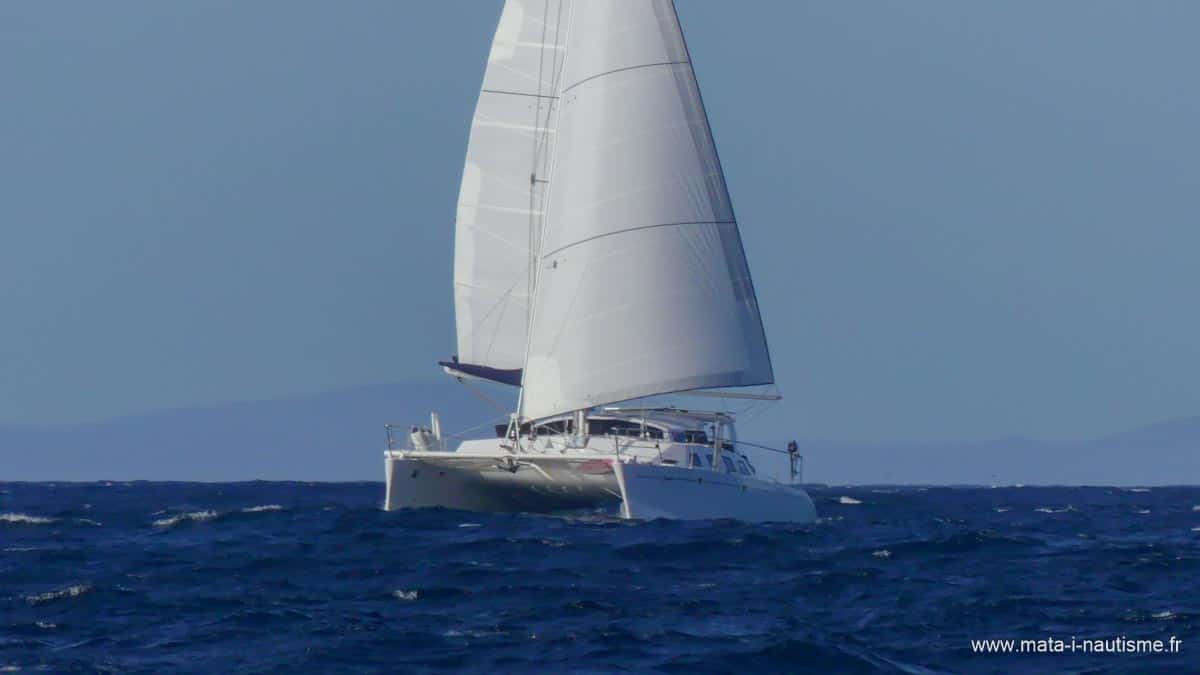 Voilier catamaran croisé au large